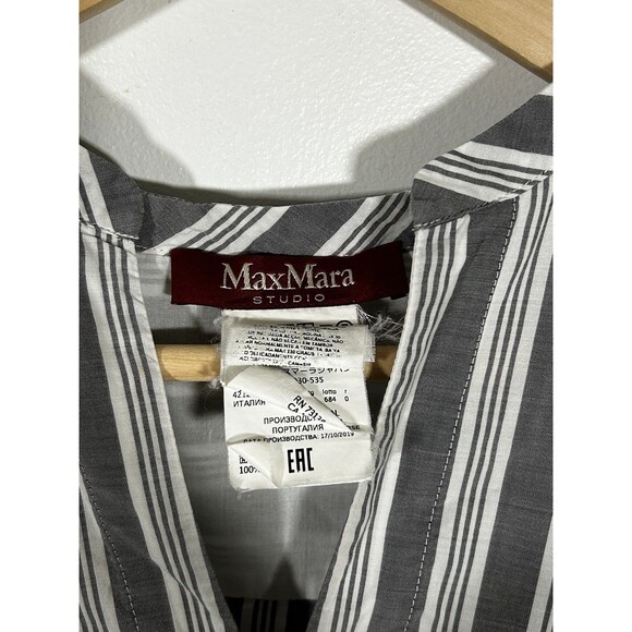 Max Mara Studio Top Striped Pullover V-Neck Gray White Pleated Back Size L? XL? - Picture 4 of 8